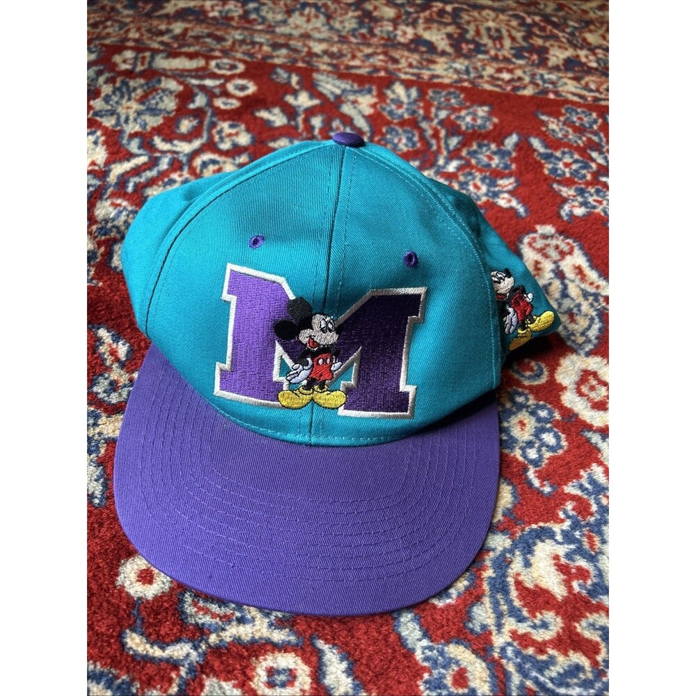 Vintage Mickey Mouse Hat Cap Snap Back One Size Blue Purple Disney Mens 90s